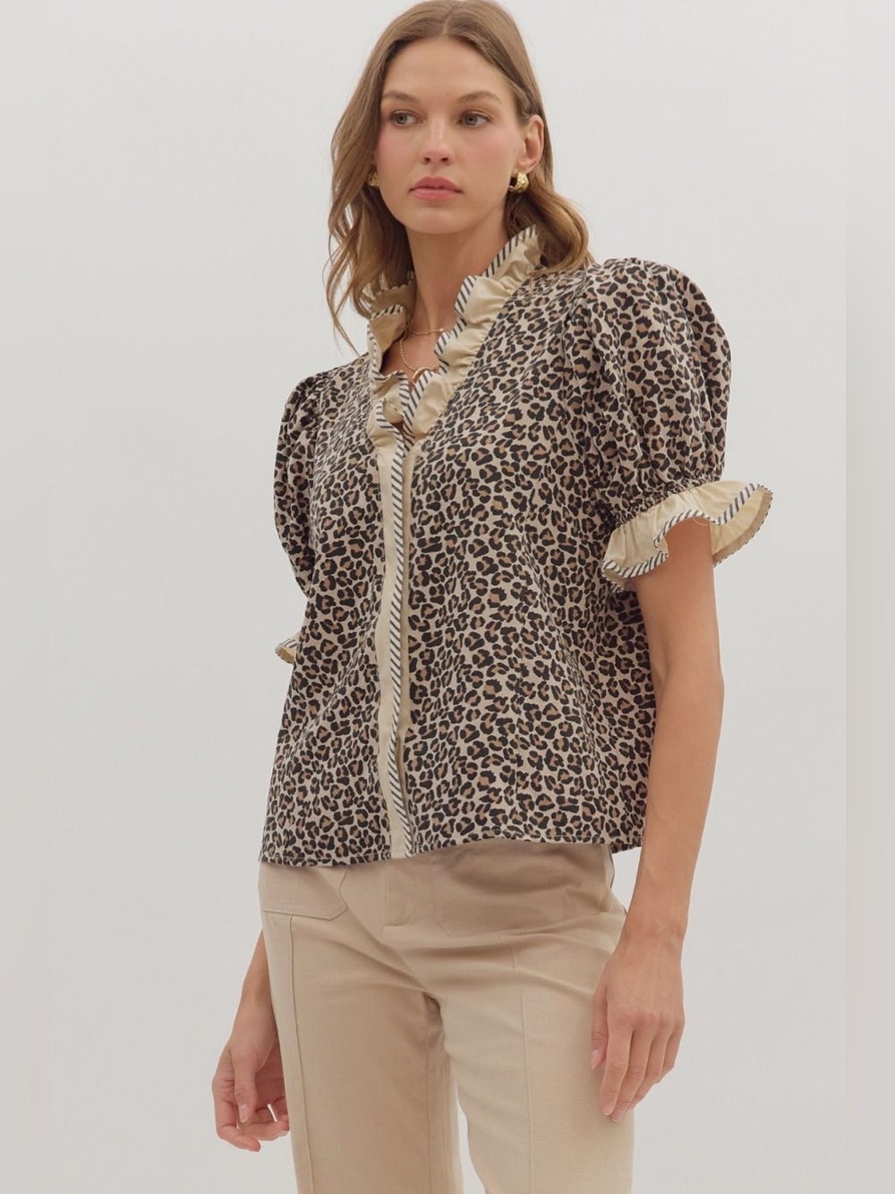 Entro Leopard Print Ruffle Sleeve Top - Picture 2 of 11